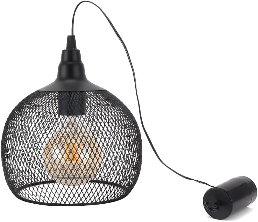 JHY DESIGN Hanging Lamp Black Battery Powered Decorative Pendant Lamp Metal Cage Battery Lamp with 6 Hours Timer for Bar Bedroom Garden Parties Patio Indoor Outdoor Living Room(Round)