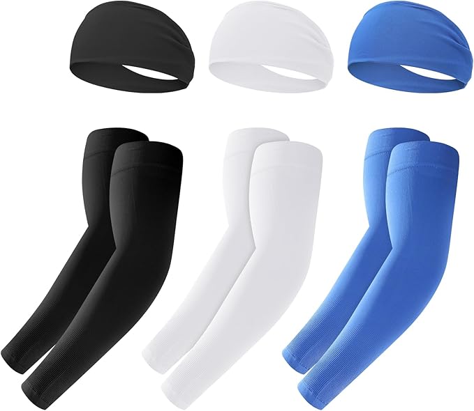 JATEBI 6 Pack Sports Headband and Arm Sleeves Sweatbands Cooling UV Sun Protection for Running Yoga Fitness Workout