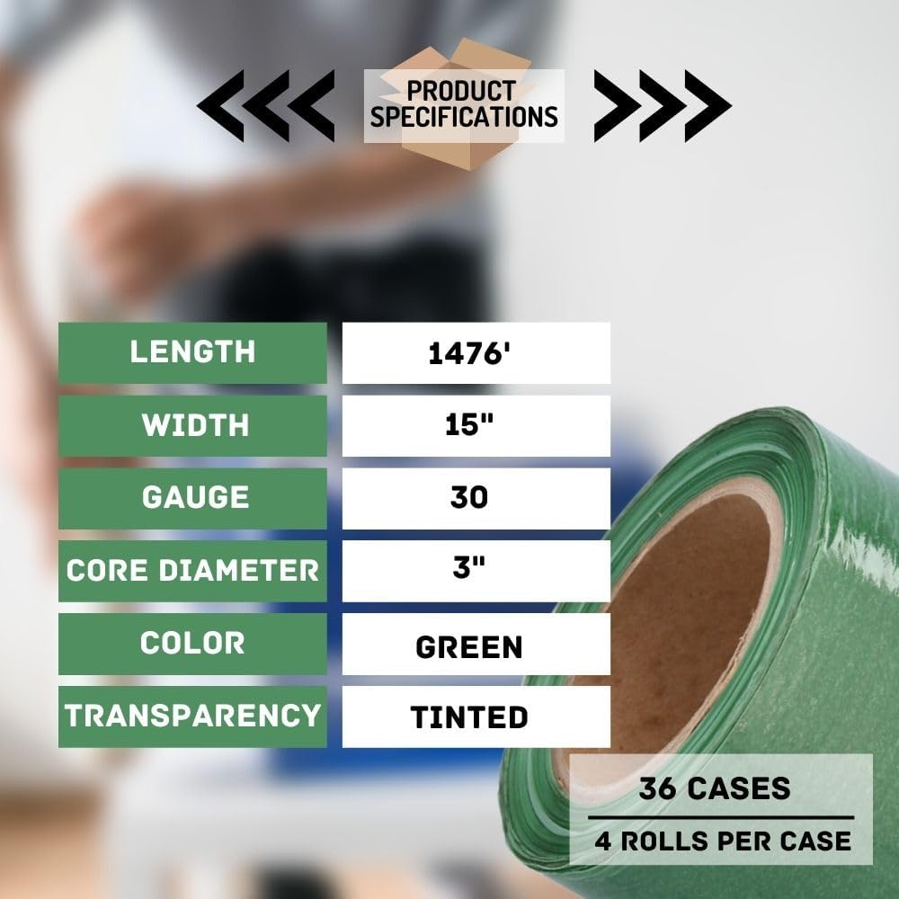 PSBM Green Stretch Wrap, 15 Inch x 1476 Feet, 144 Pack, Tinted Pre-Stretched Shrink Wrap Film for Moving, Packaging, Pallet Wrapping