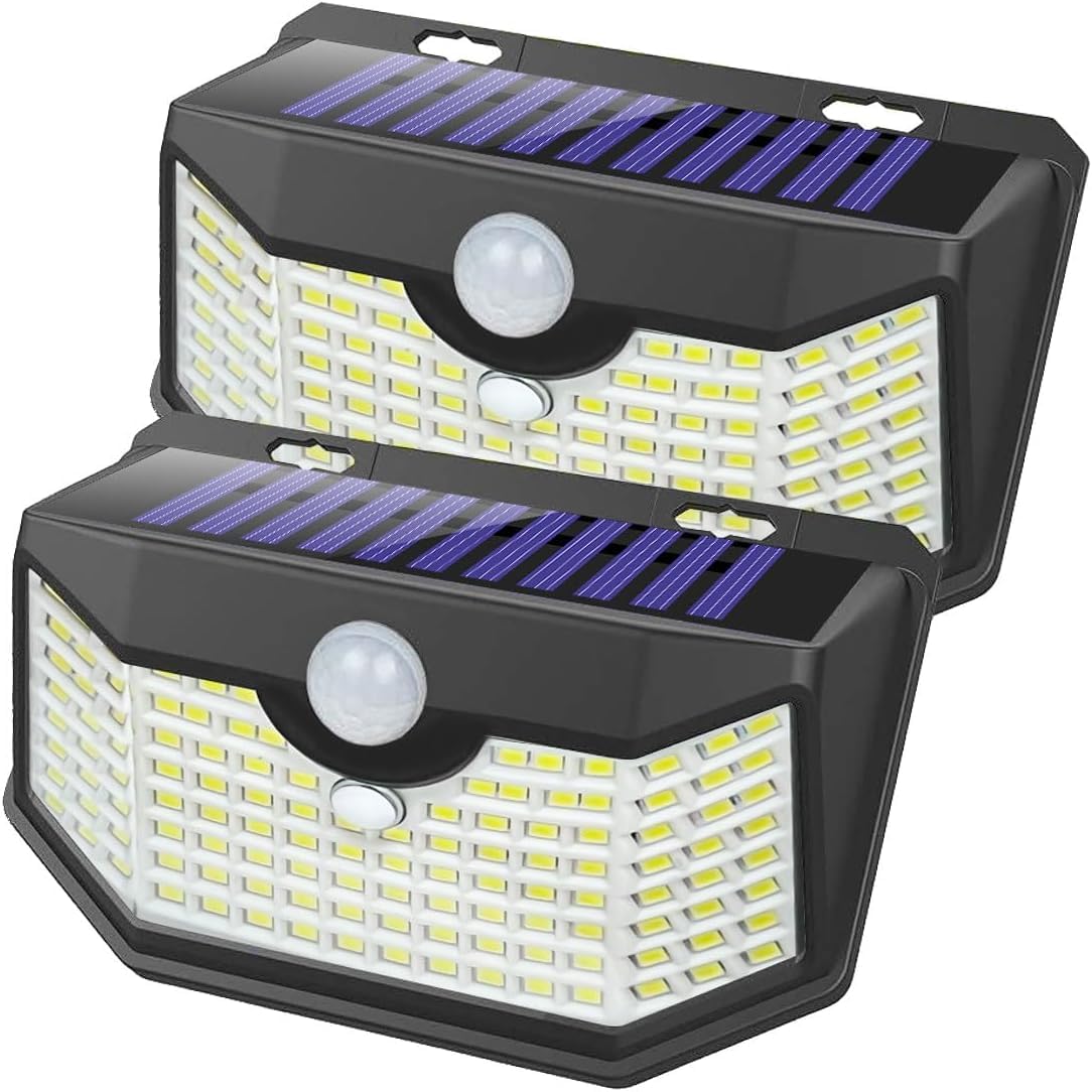 HMCITY 120 LED Outdoor Solar Wall Lights, Motion Sensor, IP65 Waterproof, Front Button 2Pack, Daylight White, Model JY2440