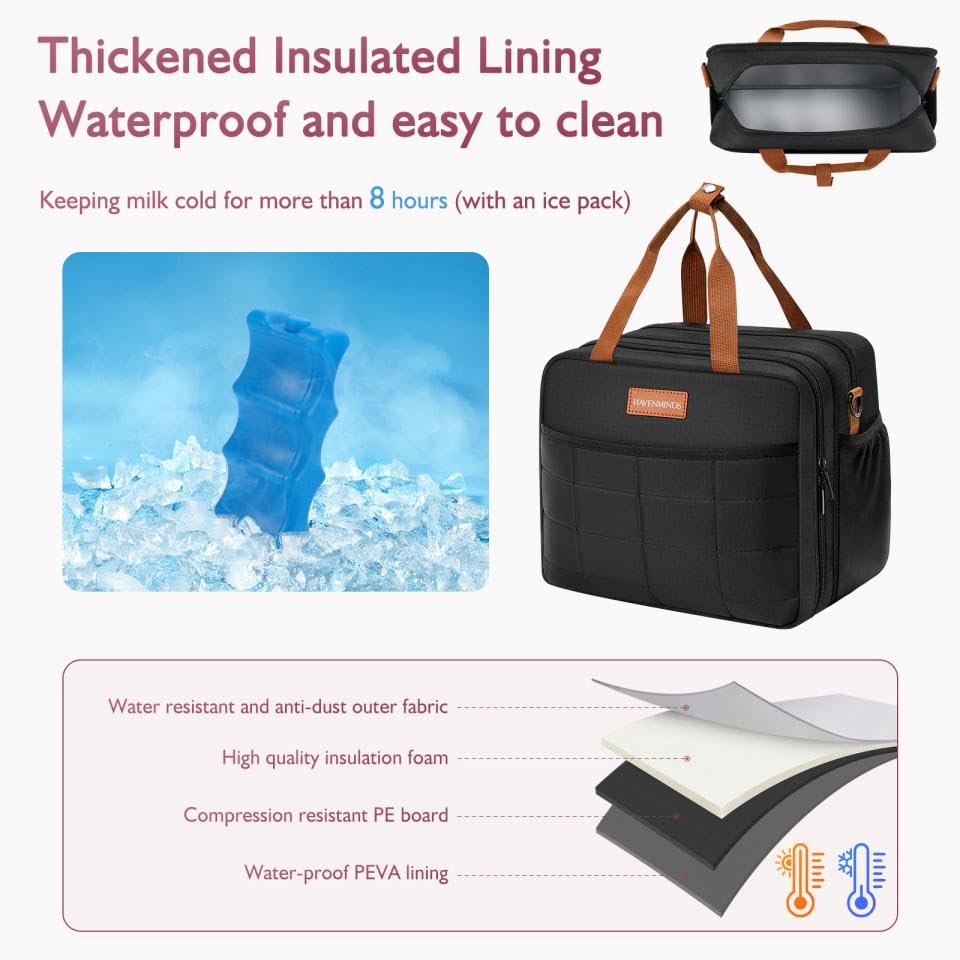 HavenMinds Detachable Breast Milk Cooler Travel Bag with Ice Pack, Double Layer Breast Pump Bag Compatible for Wearable Breast Pump, Portable Breastmilk Cooler Bag & Carrying Case with Waterproof Mat