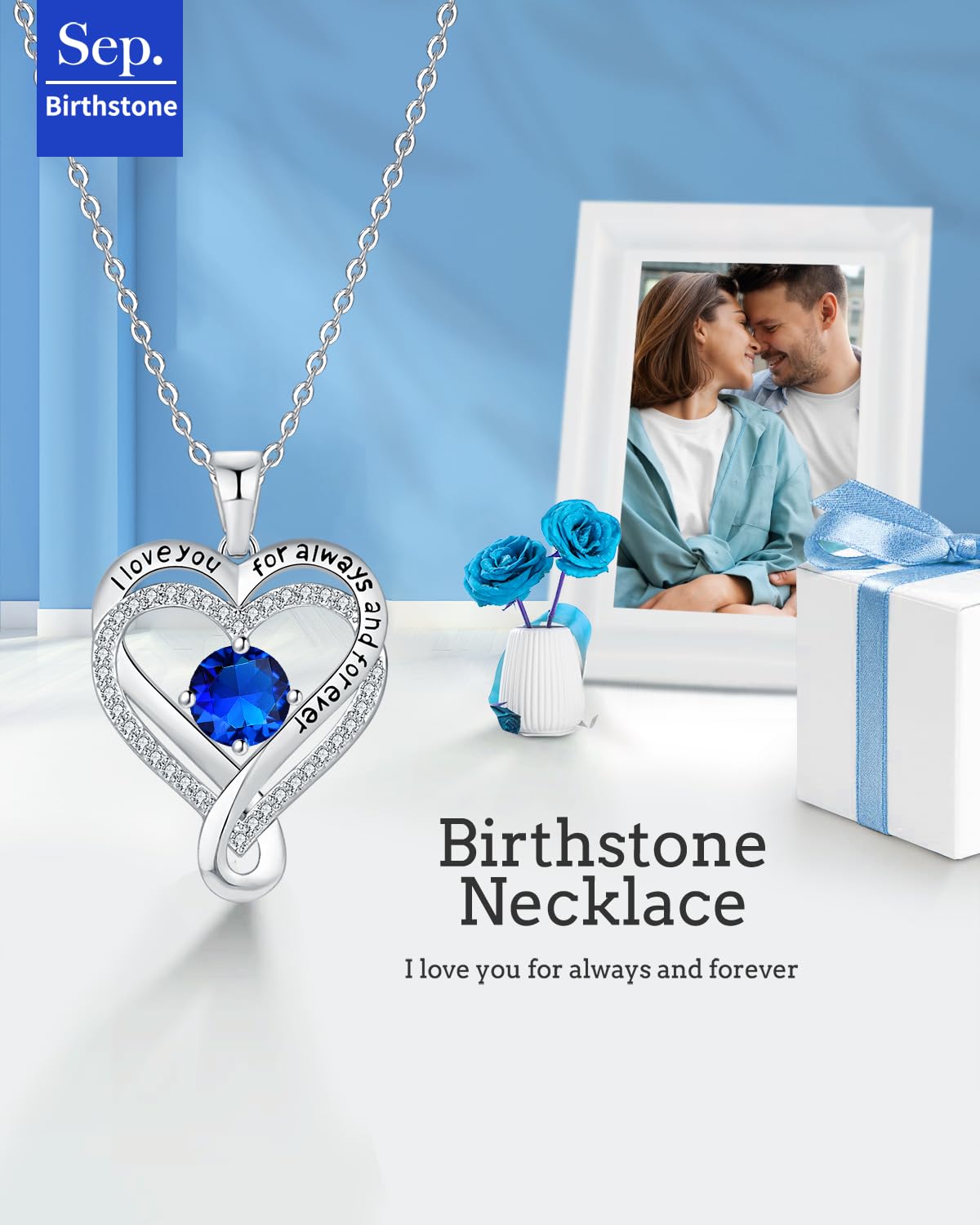 Mkhhy Gifts for Wife Silver Necklace for Women Anniversary Wife Birthday Gift Ideas Infinity Heart Sapphire Birthstone I Love Yo