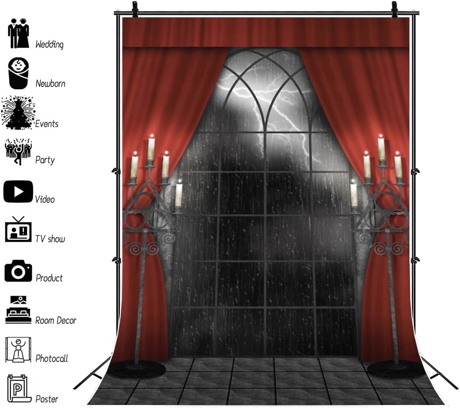 Renaiss 6x8ft Vintage Gothic Window Backdrop Red Curtain Candlestick Black Floor Lightning Stormy Sky Vampire Medieval Castle Photography Background Halloween Dress Up Party Decors Photo Booth Props
