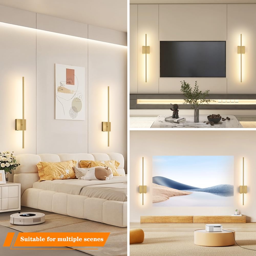 Ditoon Battery Operated Wall Sconce Set of 2, Dimmable Gold USB Rechargeable, 31.6in Wireless Metal Lighting