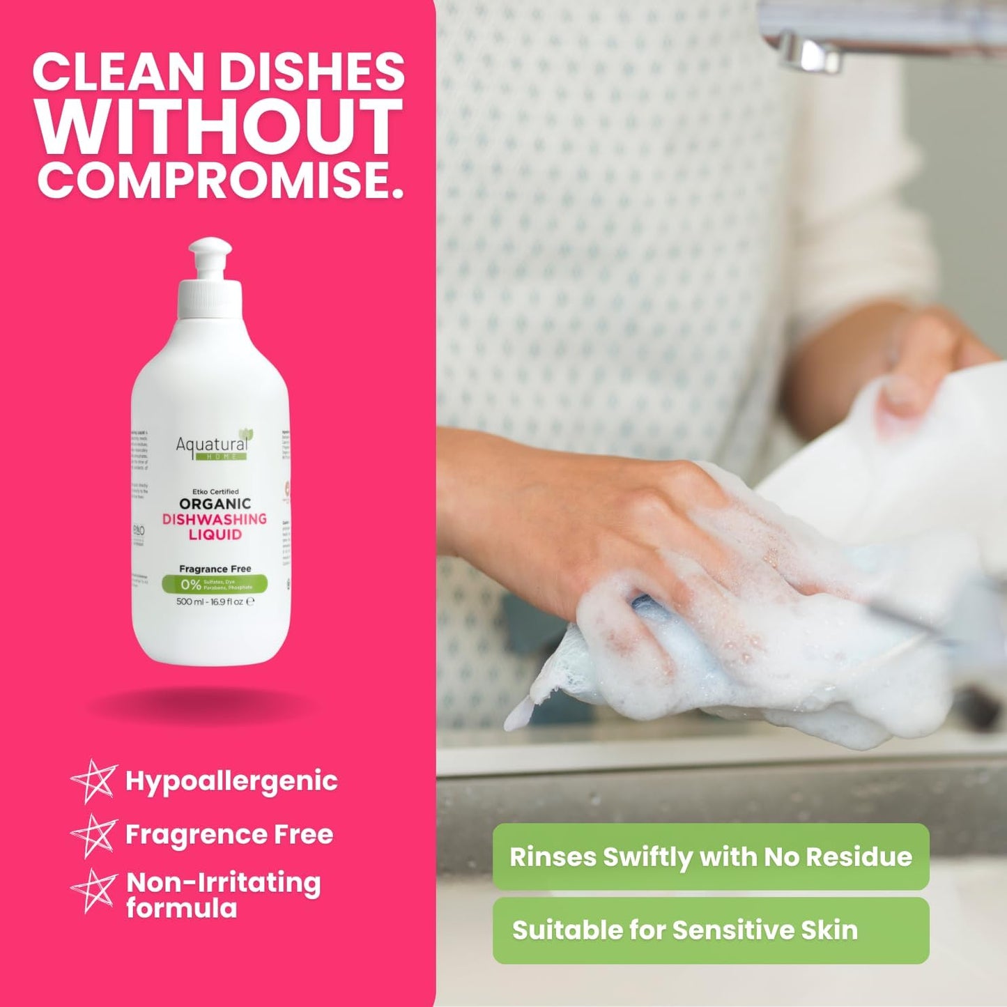 Organic Dishwashing Liquid - Natural Dish Washing Liquids Cleaner - Kitchen Unscented Dish Soap Liquid - Gentle Dishwash for Sensitive Skin - Plant-Based & Fragrance Free (16.9 fl oz)