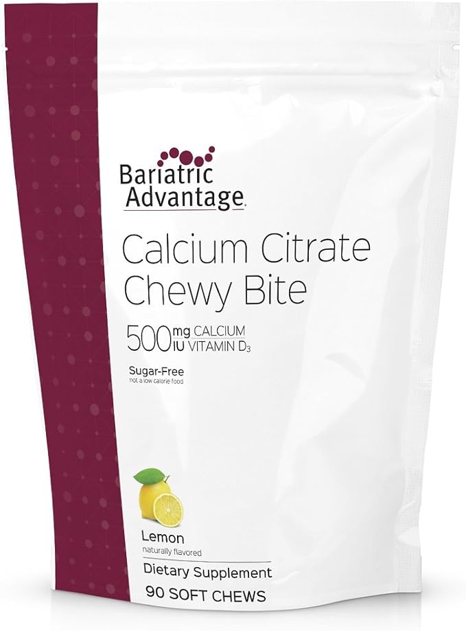 Bariatric Advantage Calcium Citrate Chewy Bites 500 mg - for Bariatric Surgery Patients - Vitamin D3 - Sugar-Free Chewable Calcium Supplement - Bariatric Chews - Lemon Flavor - 90 Count