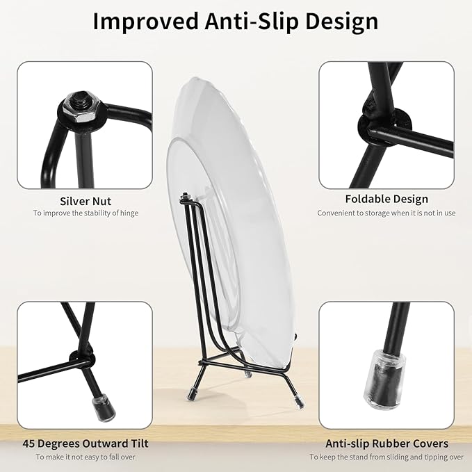 2 Pack Improved Anti-Slip Plate Stands, 6 Inch Black Iron Display Stands for Frames, Pictures, Photos, Books, Decorative Plates and Artworks