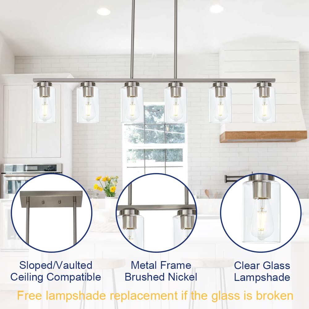 Todoluz 6-Light Kitchen Island Lighting With Clear Glass Shades  Modern Linear Pendant Light Fixture For Dining Room Pool Table  Brushed Nickel Finish