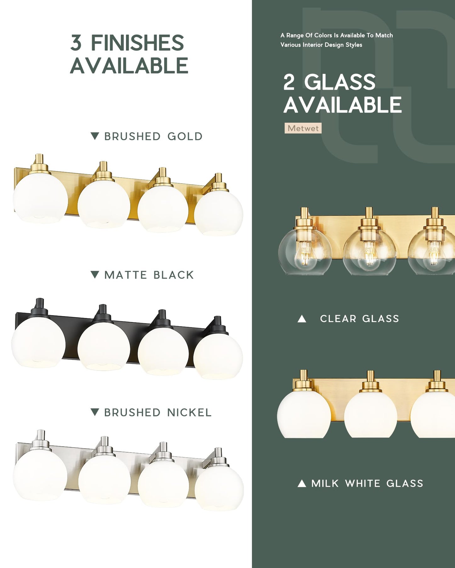 METWET Bathroom Light Fixtures, 4 Light Brushed Gold Vanity Light, 26 Inch Modern Wall Sconces with Globe Milk White Glass Shade, Vanity Lighting Fixtures Over Mirror, VL195-BG-ML-4