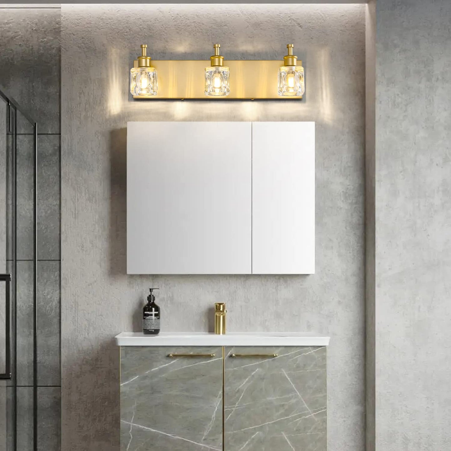 Presde 3-Light Bathroom Vanity Lights, Modern Crystal Gold Fixtures, Gloss Gold Finish, Excludes Bulbs