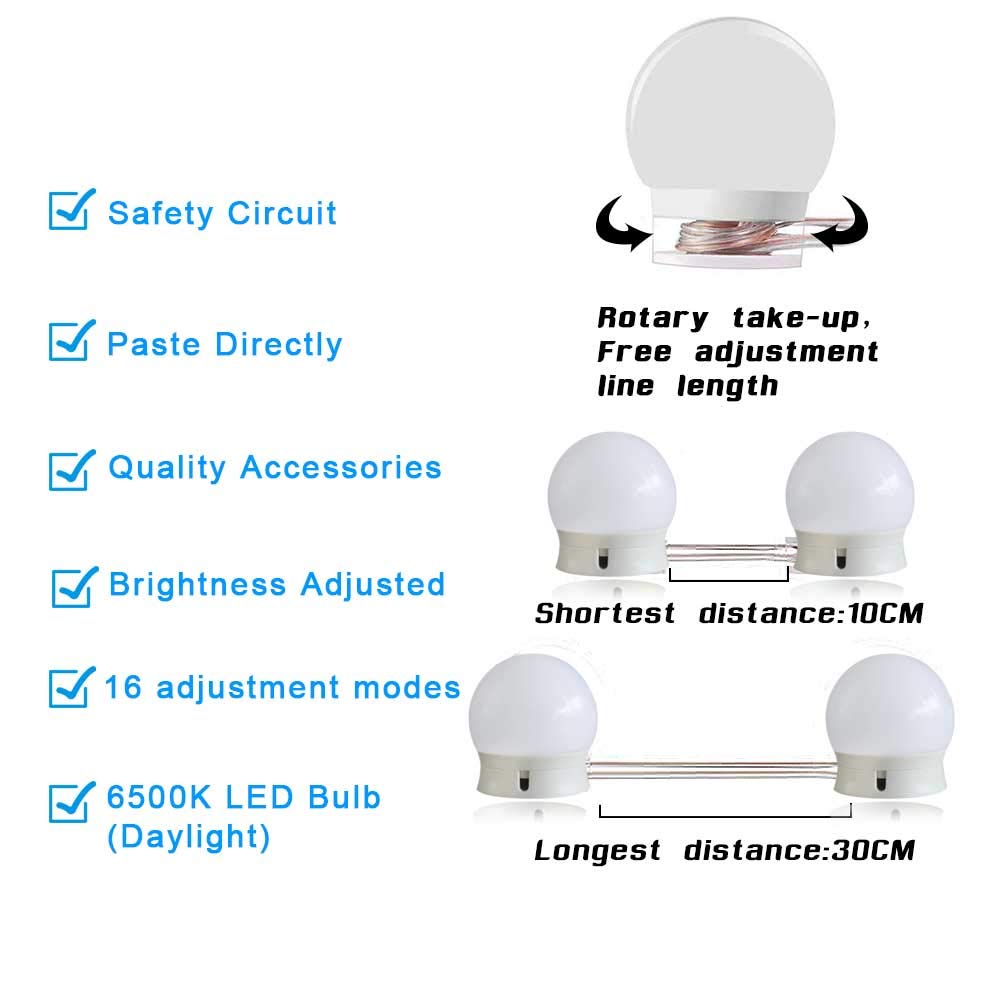 SICCOO Vanity Mirror Lights, 10 Dimmable LED Bulbs, USB Cable, Hollywood Style, Warm Cold, White, Model CW-10