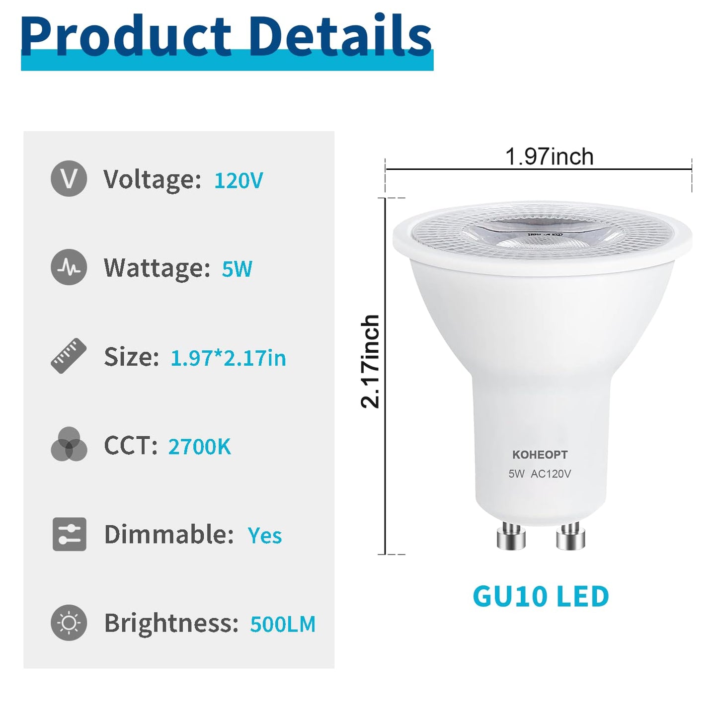 Koheopt Gu10 Led Bulbs 5W Dimmable 50W Equivalent 500Lm 2700K Soft White Bulb Gu10 Base For Track Lighting  Kitchen Range Hood Living Room Bedroom  6 Pack