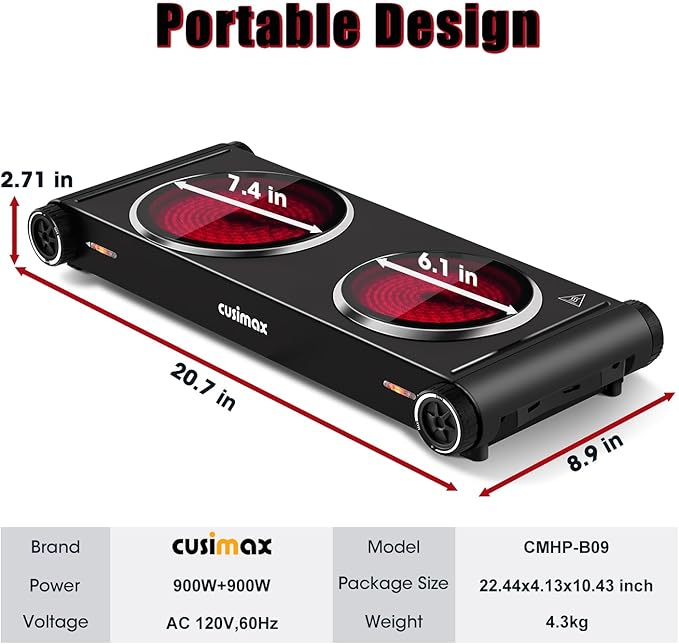 CUSIMAX Hot Plate for Cooking,1800w Double Infrared Burner,Portable Electric Stove with Adjustable Temperature Control,Ceramic Glass Hot Plate for Dorm Office Home Camp,Black Stainless Steel