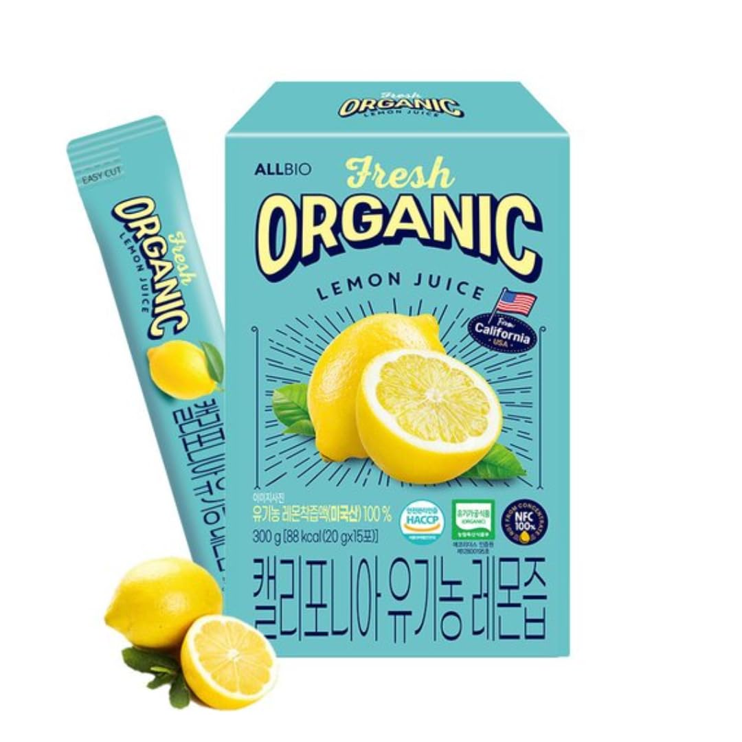 Allbio Organic Lemon Juice Sticks | 0.67Oz X 15 Pack - Usda Certified, Cold-Pressed, Not From Concentrate | No Sugar | Portable,