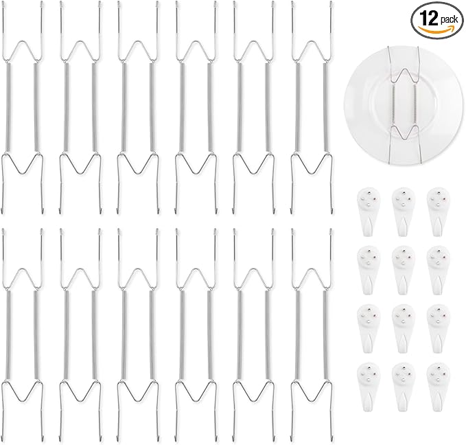 Bilillo 12 Pack Plate Hangers for the Wall, Suitable for 10-14 inch Art Plate, Stainless Steel Invisible Heavy Duty Wire Plate Holder with Wall Hooks, Plate Hangers for Displaying Plates, Silver