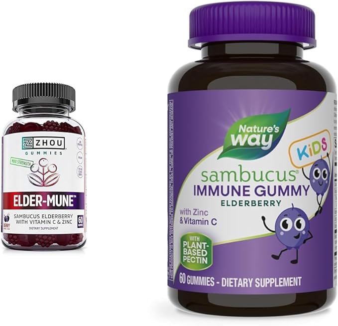 Zhou Nutrition Elder-Mune Sambucus Elderberry Gummies with Zinc and Vitamin C for Kids & Adults & Nature's Way Sambucus Elderberry Immune Gummies for Kids, Immune Support Gummies*