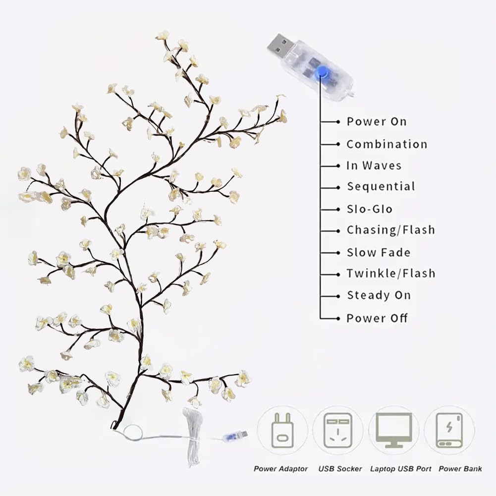 White Cherry Blossom Lights For Wall 3.94 Ft 48Leds Tree Branch Lights With Remote And 8 Lighting Modes Cherry Blossom Garland Vine Light For Bedroom Indoor Wall Wedding Christmas Decor