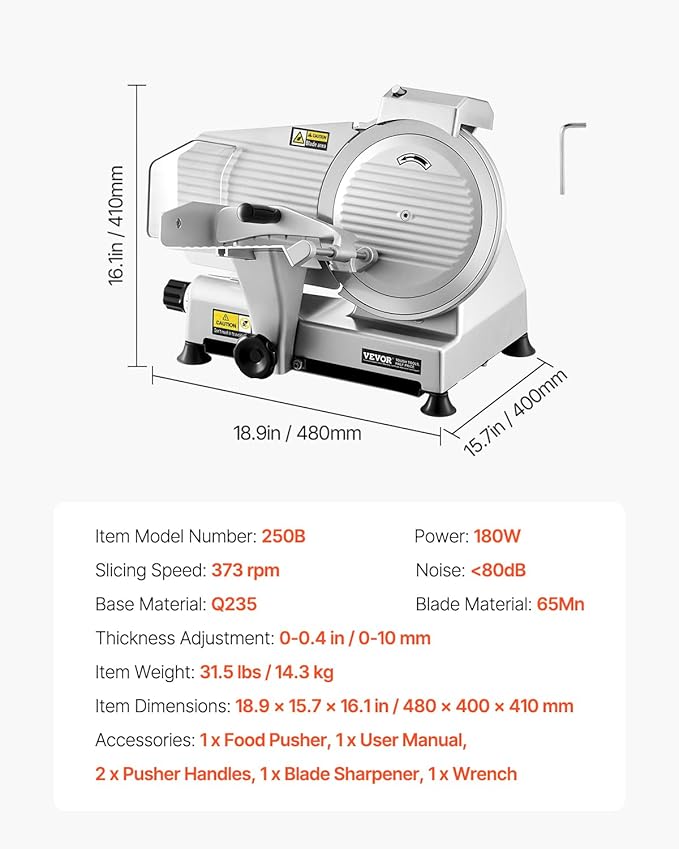 VEVOR Commercial Meat Slicer, 10 inch Electric Deli Food Slicer, 180W Cutter with a Premium 65Mn Blade, 0-0.4 inch Adjustable Thickness, Food Slicer Machine for Meat Vegetables Hard Bread Cheese