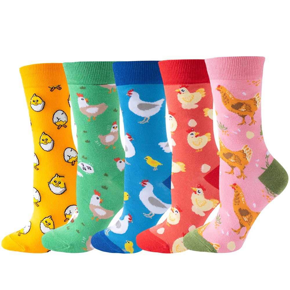 Angelteers 5 Pairs Cute Animal Crew Socks Fun Casual Cotton Calf Socks for Women (US, Alpha, One Size, Regular, Regular, Chicken)
