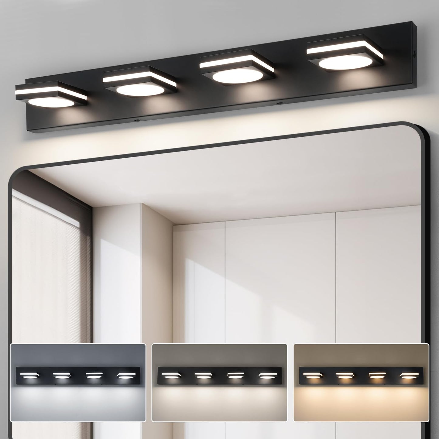Okeli 4-Light Led Bathroom Vanity Light Fixtures  Matte Black Modern Bathroom Wall Lighting Fixtures Over Mirror (3Cct  3000K-6000K)