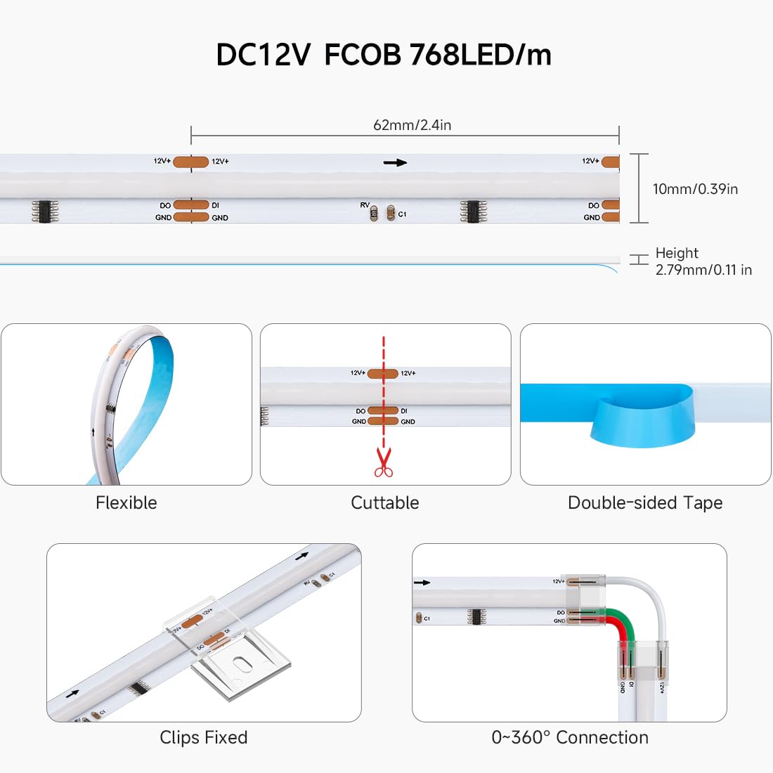 BTF-LIGHTING FCOB COB LED Strip WS2814 IC RGBW 6000K Flexible High Density Color Chasing Uniform Light 16.4FT DC12V 16IC/m 10mm Width for Home DIY Lighting Projects(No Adapter or Controller)