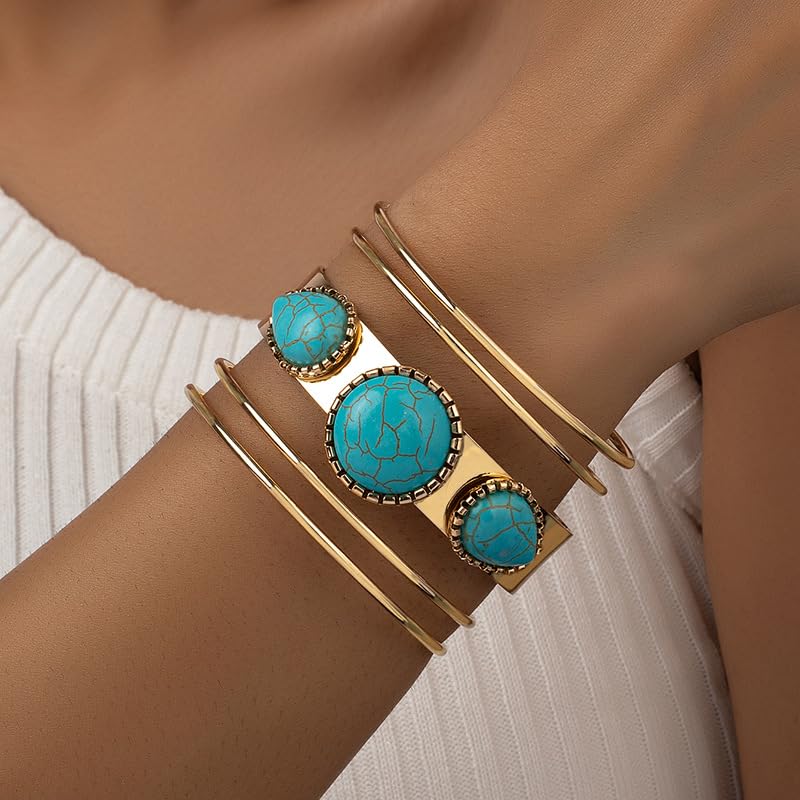 ANGLEQUEEN Western Turquoise Bracelets for Women Vintage Chunky Cuff Bracelet Turquoise Country Bracelets Adjustable Boho Cuff B