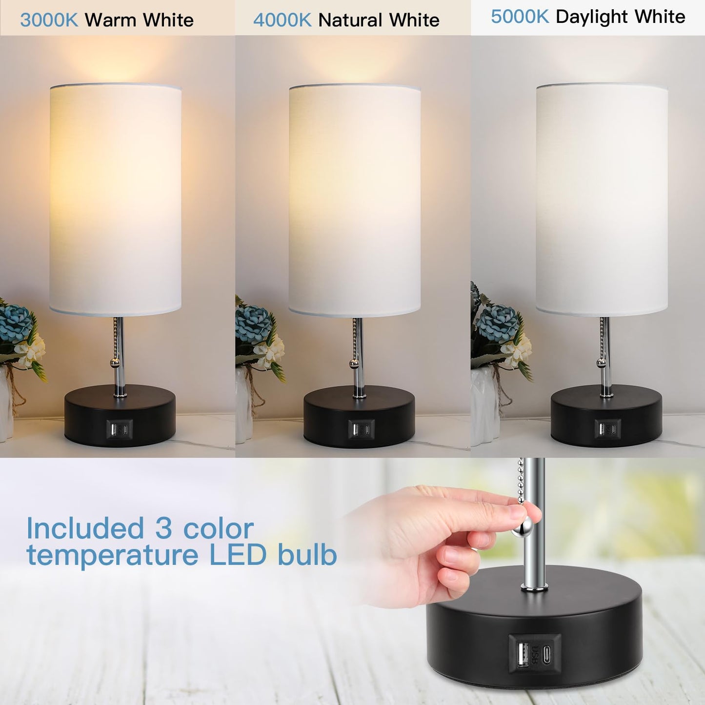 ROTTOGOON Bedside Lamp with USB Port & AC Outlet, 3-Color Temperature, White, Metal