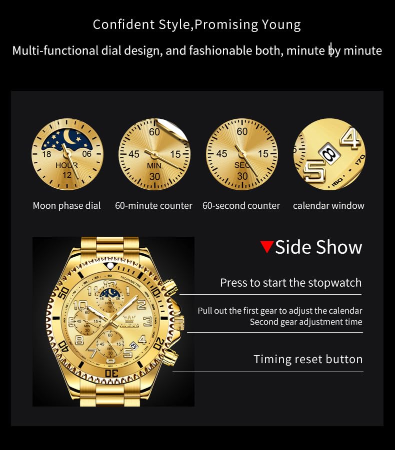 OLEVS Mens Watches Chronograph Luxury Dress Moon Phase Two Tone Stainless Steel Waterproof Luminous Business Calendar Wris...