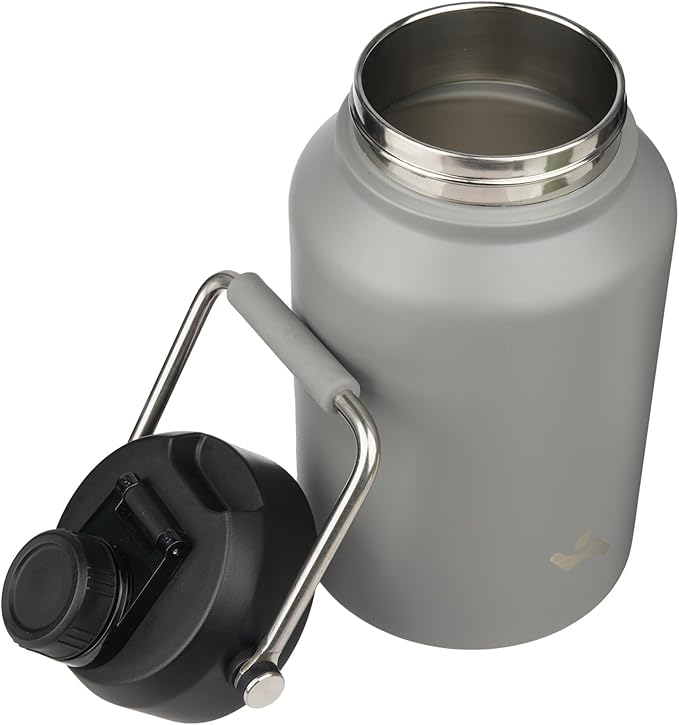 Half Gallon Jug with Handle,64 oz Insulated Water Bottle with Carrying Pouch,Double Wall Vacuum Stainless Steel Metal Bottle,Gray