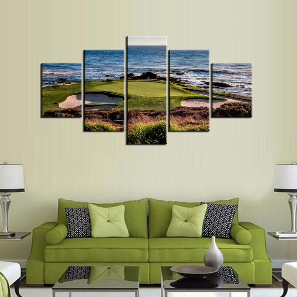 Pebble Beach Pictures for Living Room Golf Course Paintings Golfing Sports Wall Art 5 Pieces Prints on Canvas Seascape Artwork Country Home Decorations Framed Giclee Ready to Hang Gift(60''W x 32''H)