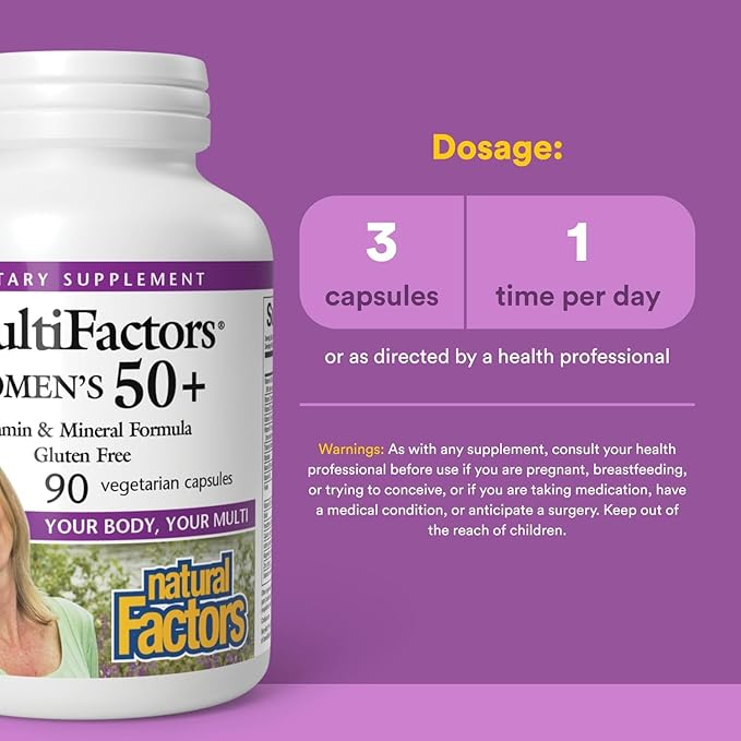 MultiFactors by Natural Factors, Women's 50+ Multivitamin & Mineral Formula, Dietary Supplement for Nutritional Support, 90 capsules (30 servings)