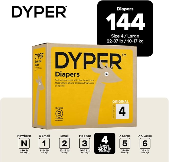DYPER Baby Diapers Size 4 (144 Count) – Plant-Based, Hypoallergenic, Fragrance-Free & Ultra Absorbent Diapers for Day and Overnight Skin Protection, Value Pack Size 4 Diapers