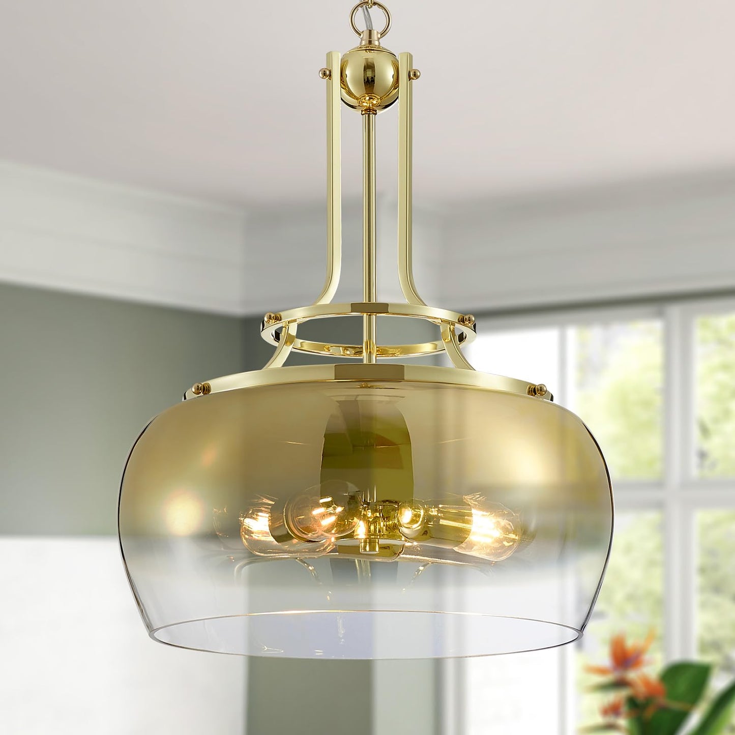 WUZUPS Gold Chandelier Pendant Light Fixture, 3-Light, Gradient Glass Shade, H 20.9in W 15.9in, Model USHD30308PB