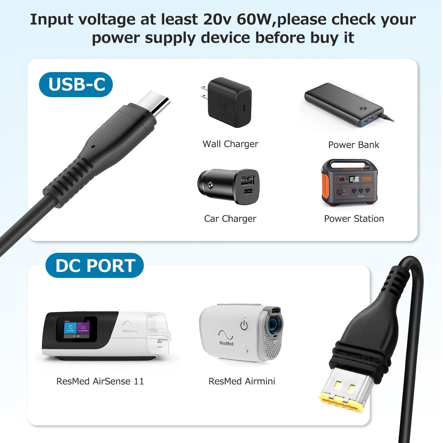 Resmed AirSense 11 DC Converter, TAIFU 20V PD USB-C DC Adapter for Resmed Airsense 11 Supplies 65W ResMed AirSense 11 AutoSet Elite CPAP Air11 39205 E1399 CPAP Machines Power Supply Cord