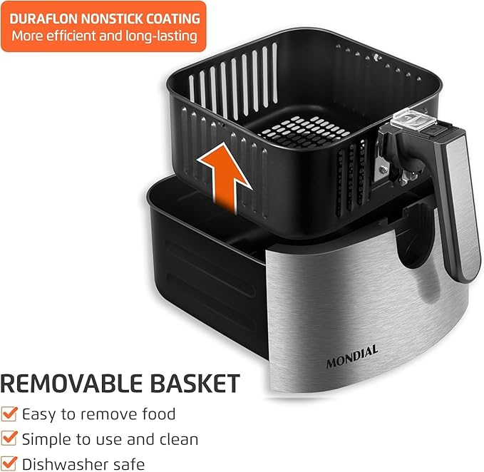 Mondial - Air Fryer Digital Visor Inox 5.3QT Capacity - High Power & Elegant Stainless Steel Finish - Black & Inox