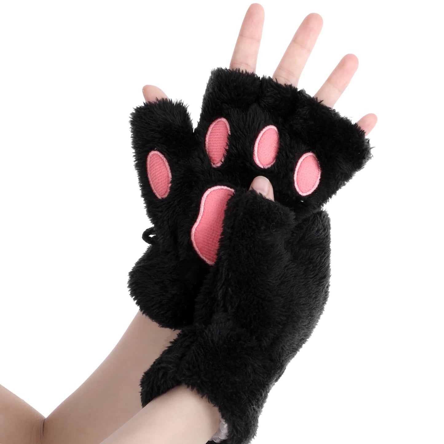 Cat Paw Gloves Black Bear Furry Paw Fingerless Hand Winter Paw Gear Kawaii Cat Claw Gloves Warm Mittens Cute Faux Fur Plush Half Finger Paws Gloves Cat Paw for Girls Women Halloween Cosplay Costume