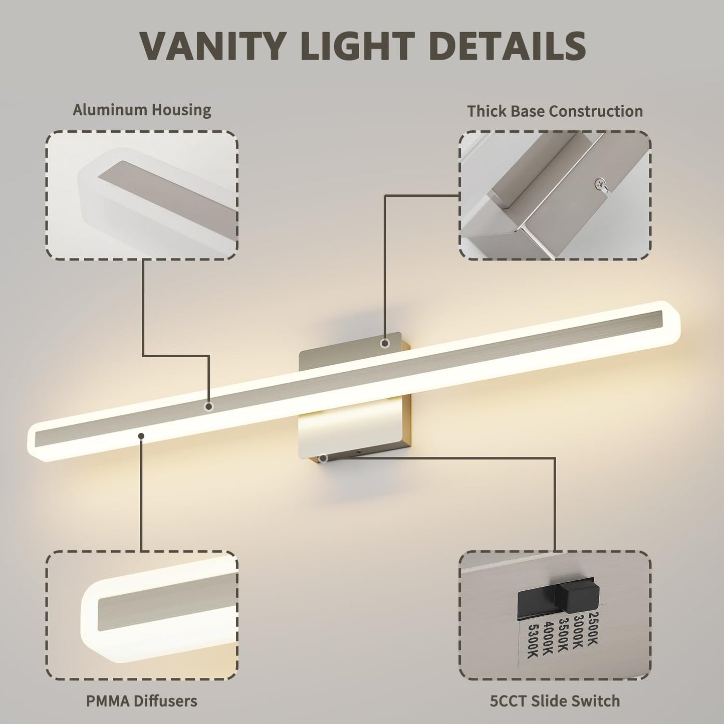 Jusheng Brushed Nickel Vanity Lights For Bathroom  5Cct Dimmable Vanity Light Bar  Modern Led Bathroom Lighting Fixtures Above Mirror 32 Inch 24W