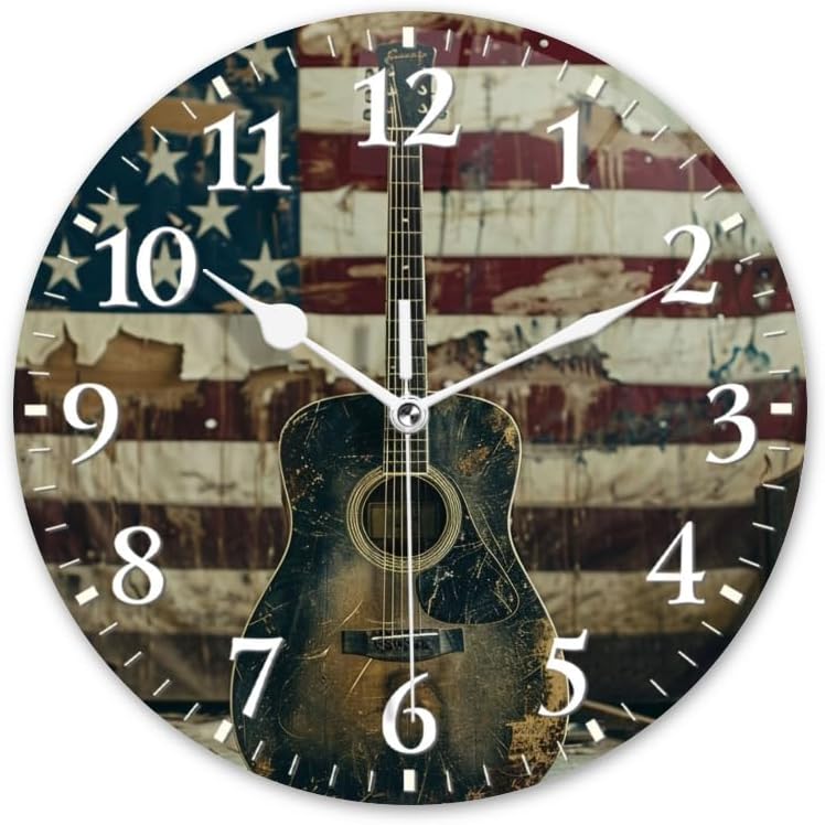 Guitar Wall Clock Non-Ticking Silent Clocks Battery Operated Analog Decor Clock for Home-Acoustic Guitar Leaning Against Old American Flag(14inch)