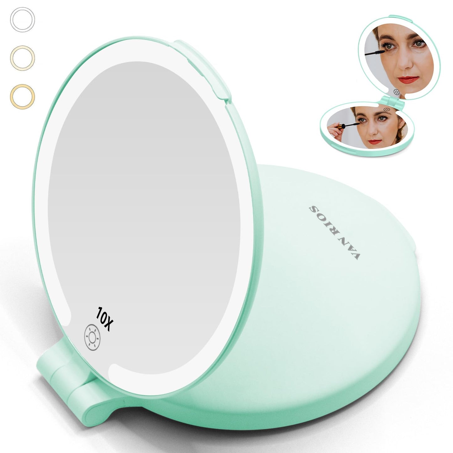 VANRIOS 6.3 Inch Rechargeable Folding 10x Magnification Double Sided Makeup Mirror with Lights, Portable Travel Mirror for Women