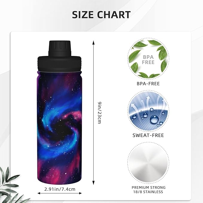 Cerburny Water Bottle 18 oz Blue Pink Galaxy Stainless Steel Insulated Bottles With Handle Leak Proof Gym Sport Water Jug For Men Women Adults