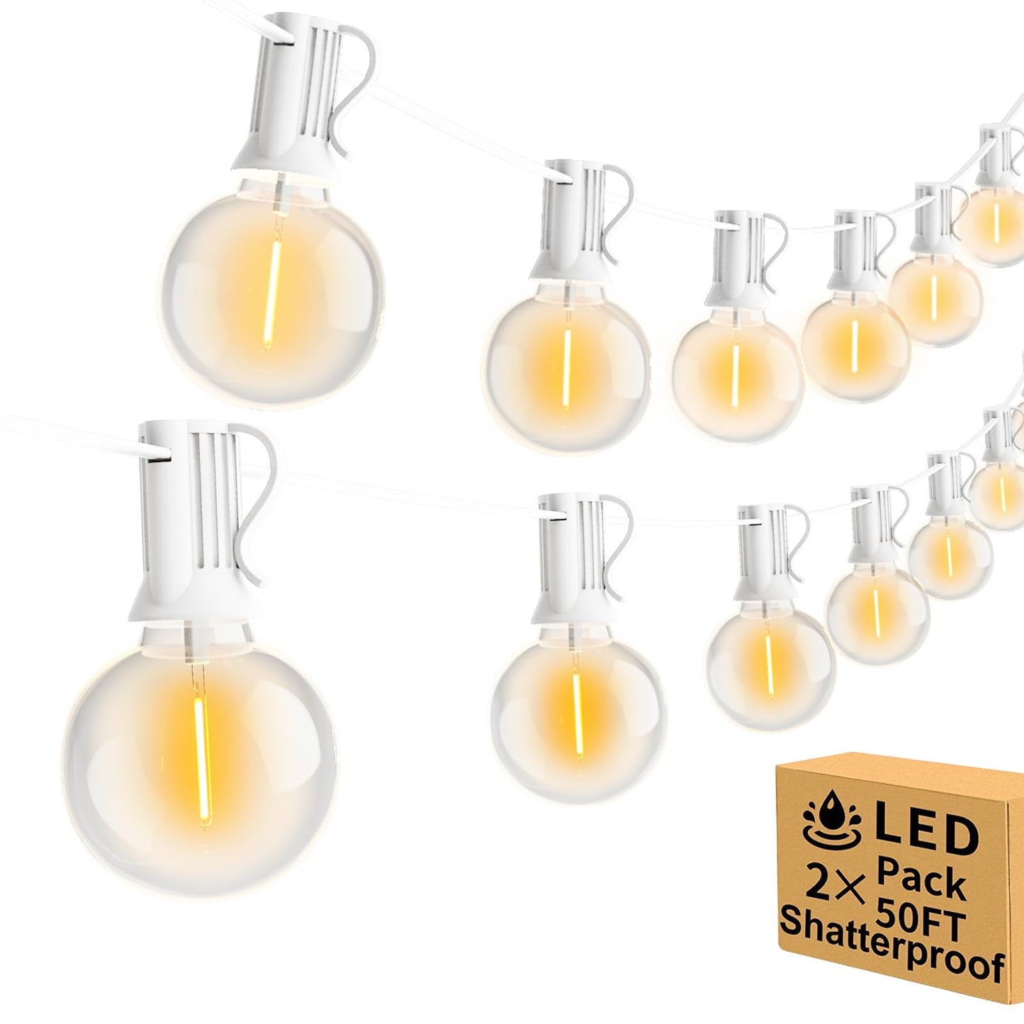 Arbrac 100ft Dimmable G40 LED String Lights, 2-Pack, Shatterproof Bulbs, Waterproof, White Wire