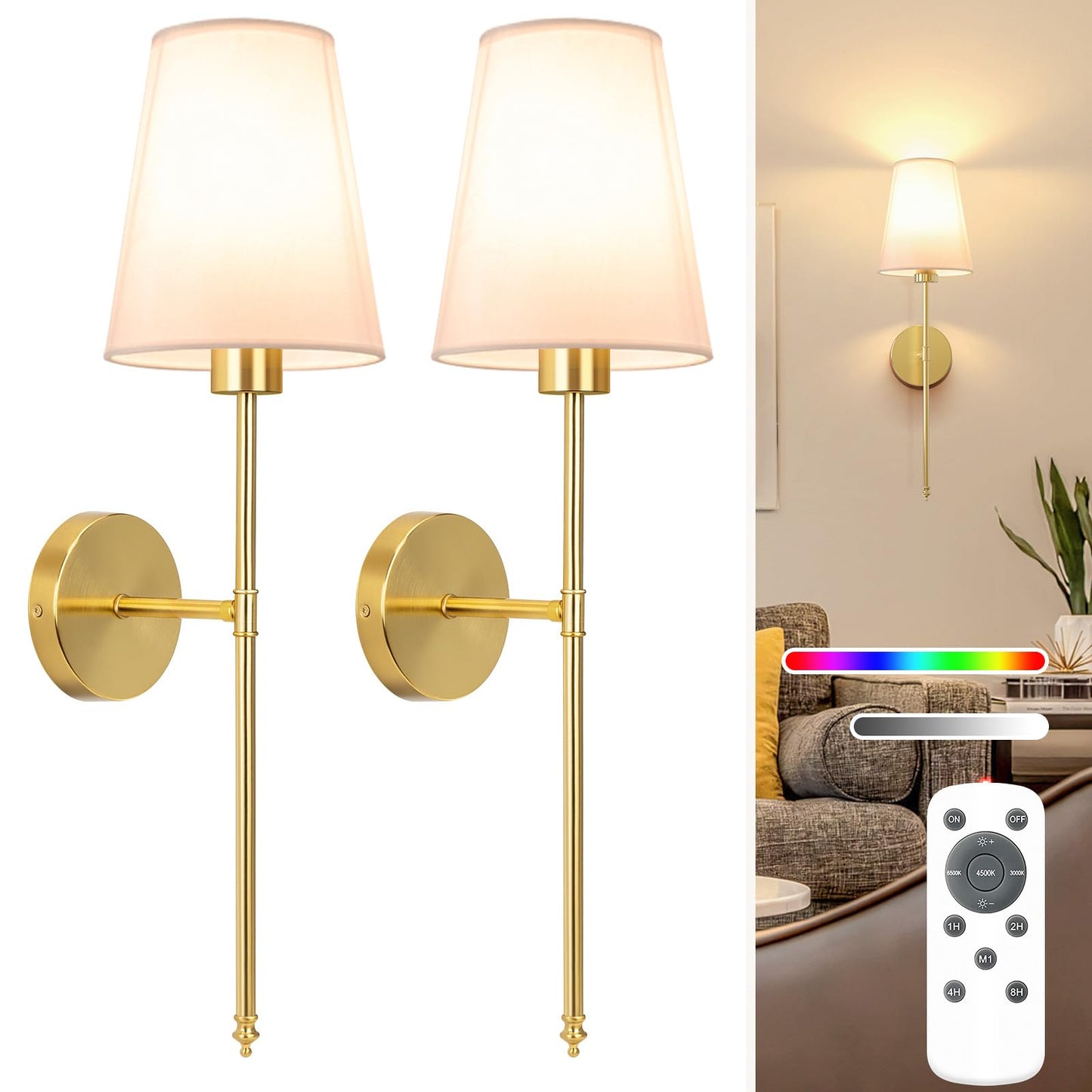 Niorsun 25.4 Inch Battery Operated Wall Sconce Set Of 2 Gold Rechargeable Wall Lights With 5200Mah Dimmable Detachable Bulbs And Remote 9 Colors Wireless Sconces For Bedroom Living Room Hallway