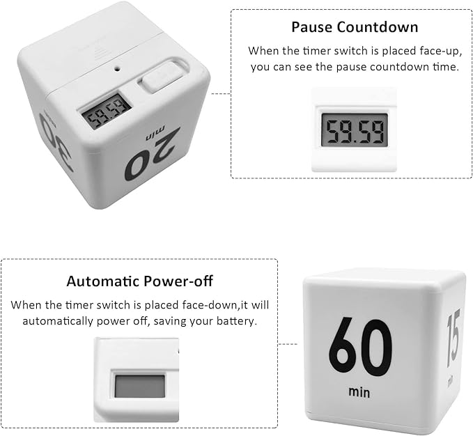 Feilifan Cube Timer - Kids ADHD Productivity Workout Flip Timer for StudyTime & Classroom - Countdown Management Settings 1, 3, 5, 10 Minutes, White