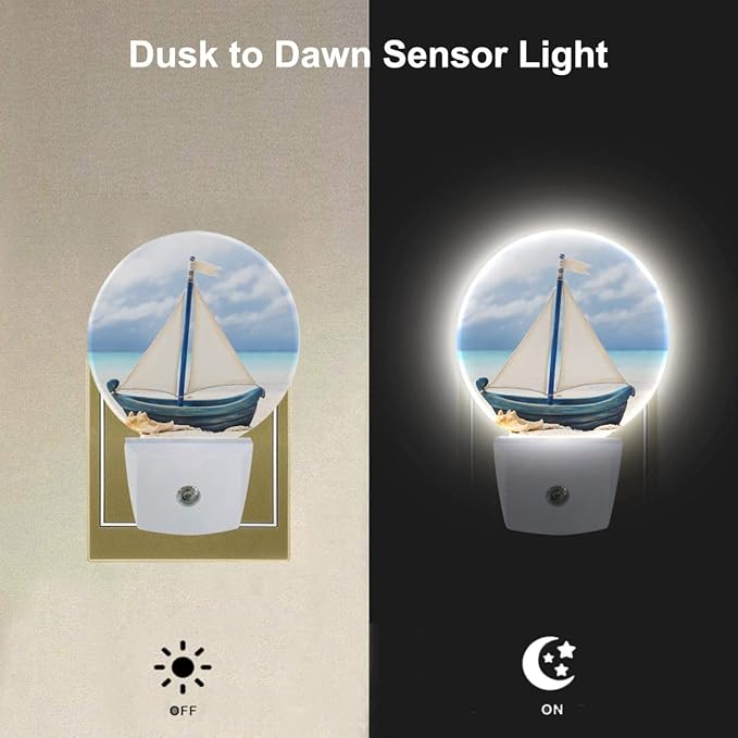 EKOBLA Nautical Night Lights Plug into Wall Sea Boat Ship on Beach Night Light LED Round Lamp for Coastal Room Decorations, 0.5W Nightlight Sleep Friendly