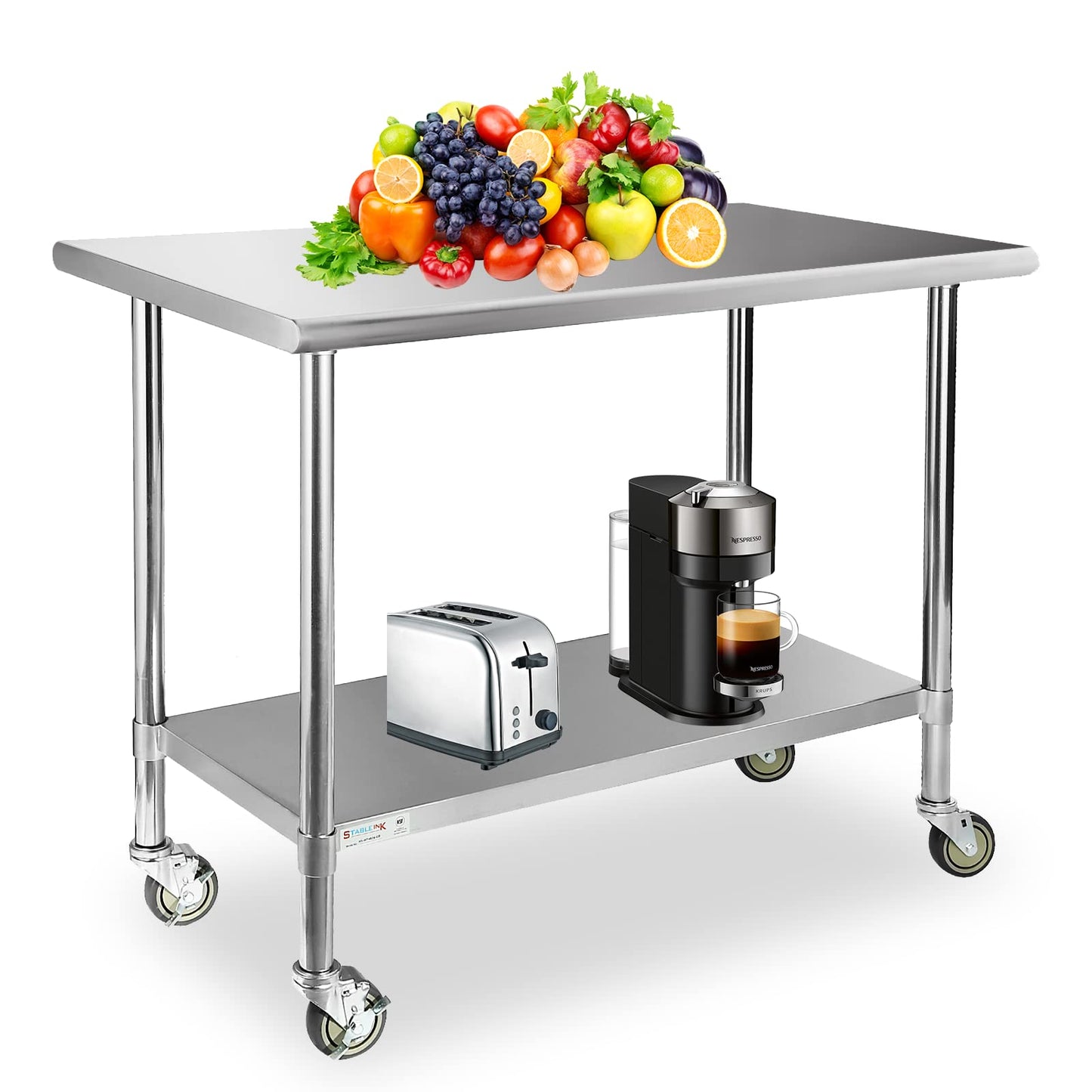 STABLEINK Stainless Steel Table with Wheels 24 x 48 Inches 4ft, NSF Commercial Prep & Workbench with Adjustable Undershelf, for Commercial Kitchen, Restaurant, Laundry, Hotel and Garage
