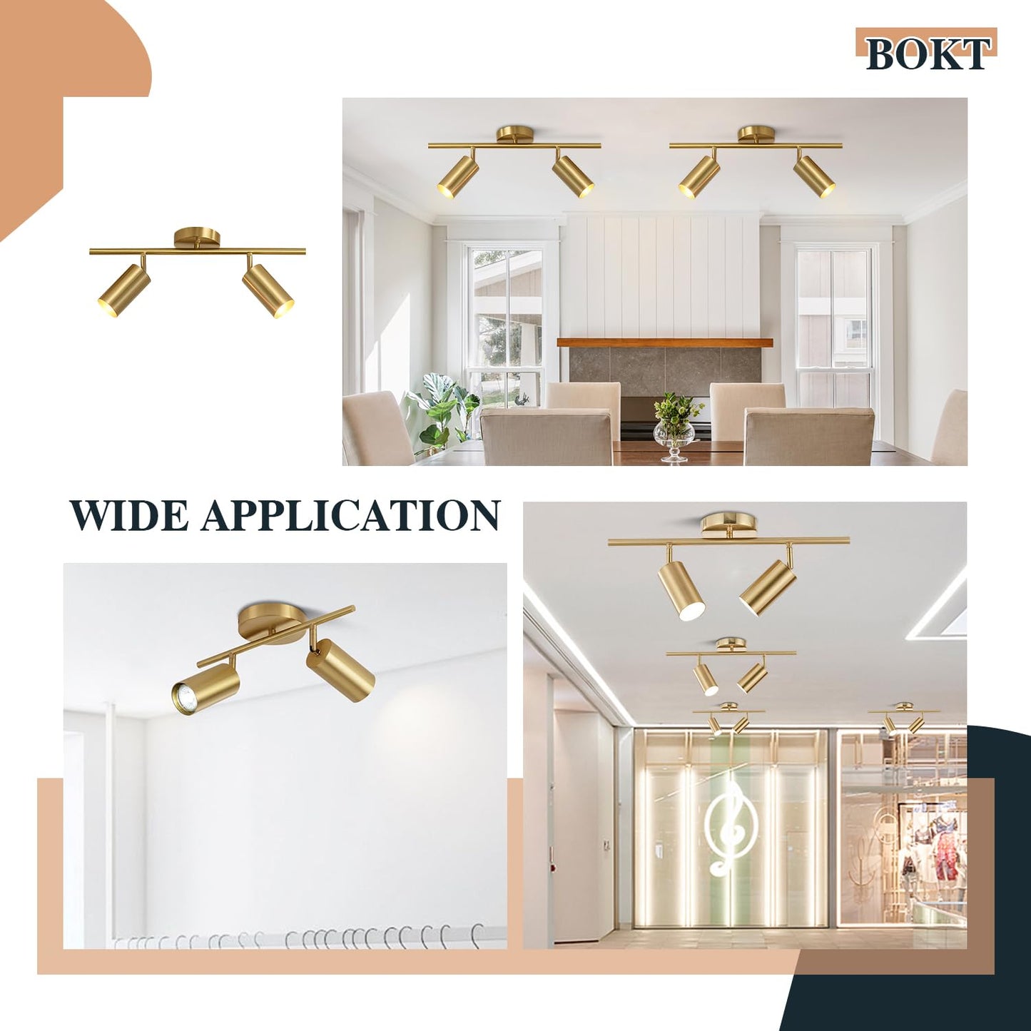 Bokt Mid Century Modern 2-Lights Led Track Lighting Kit, Gold Flush Mount, Adjustable Angle, Brushed Brass, Model Df-B6Yv-C8Ci-2