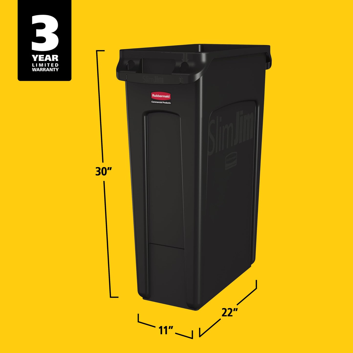 Rubbermaid Commercial Products Slim Jim Plastic Rectangular Trash/Garbage Can With Venting Channels 23 Gal Black for Kitchen/Office/Workspace