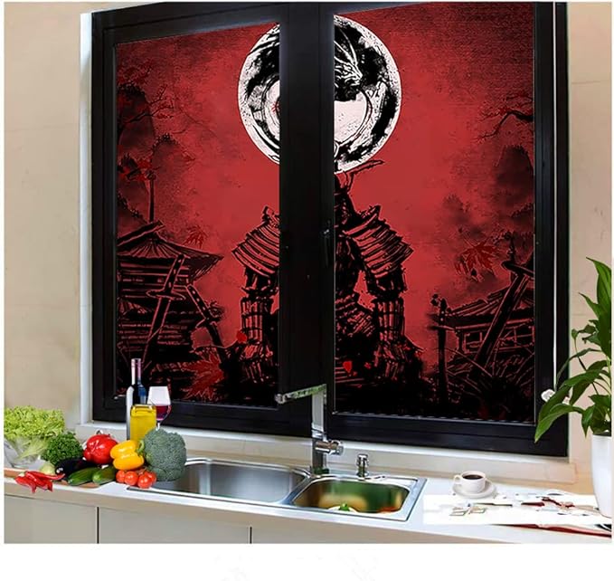 Japanese Samurai Window Film Abstract Vintage Samurai Blossom Dragon Full Moonstained Glass Window Film,Playroom Window Film,Nursery Window Film 23.6Wx47.2L-Inch X2Pcs