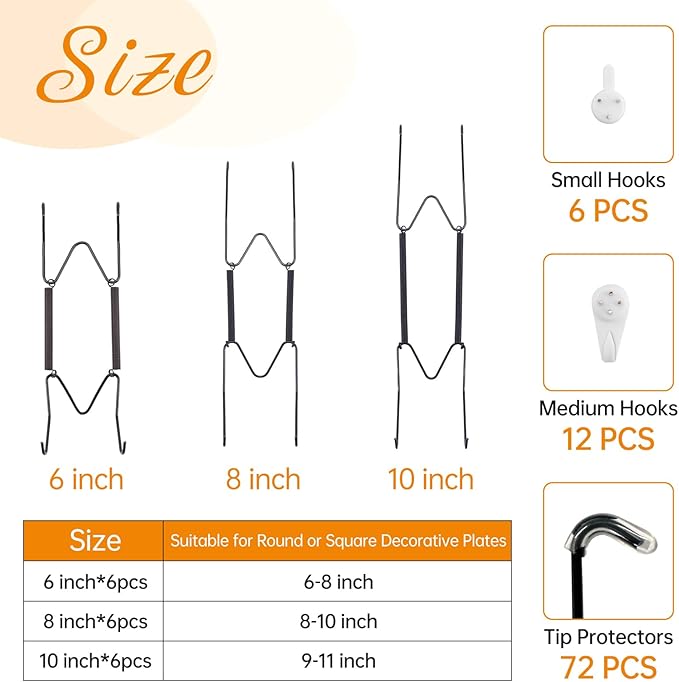Bilillo 18-Piece Stainless Steel Wall Plate Hangers, 6/8/10 Inch Invisible Decorative Wire Plate Holders with 18 Pieces Wall Hooks for 5.5 to 10.5 Inch (Black)