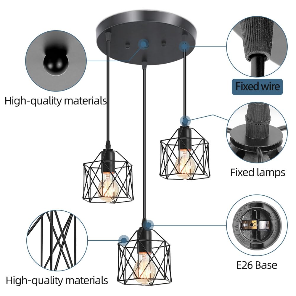 Rocunsi 3-Light Pendant Light Fixtures  Farmhouse Hanging Pendant Lighting  Dining Room Chandelier  Industrial Kitchen Island Hanging Light Fixture  Black Metal Cage Pendant Ceiling Lamp For Kitchen